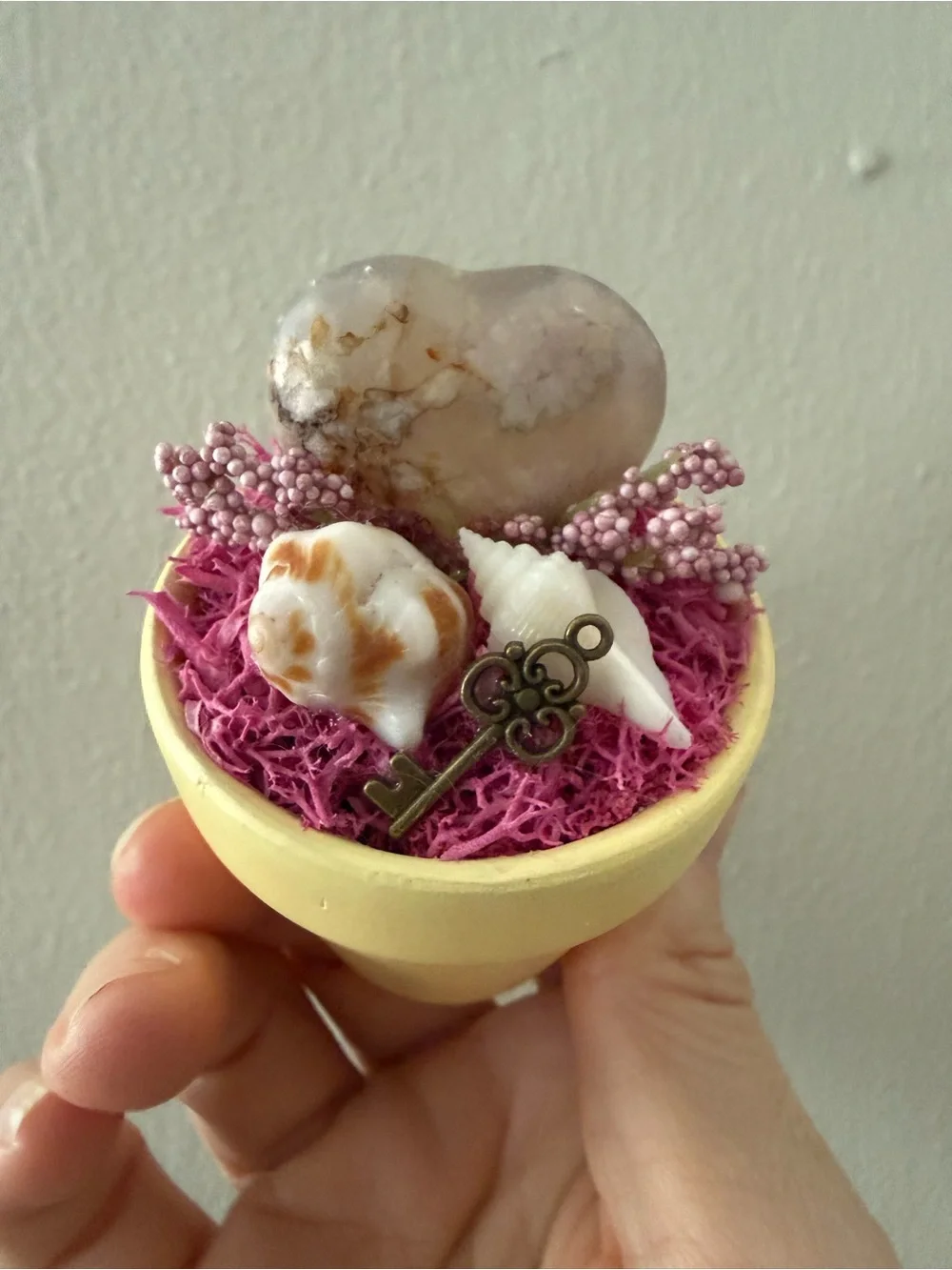 Handcrafted Yellow Mini Pot with Pink Moss and Shell Accents